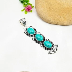 Blue Turquoise Gemstone Handmade 925 Sterling Silver Jewelry Pendant Size-2.5" - Picture 1 of 5