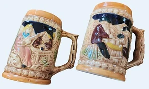 2 Vintage Japan Keramik Bierkrüge mit geprägten Landschaft & Taverne Designs 5" hoch - Bild 1 von 5