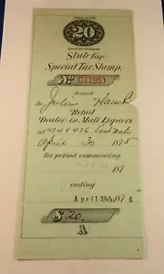  Talón de sello de impuestos especiales de $20 4-30-1875 - distribuidor minorista de licores de malta - Imagen 1 de 5