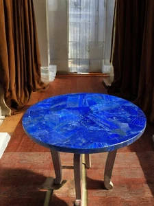 15" Round Lapis Stone End Coffee Table Bedroom Interior Random Art Gemstone Deco - Bild 1 von 9