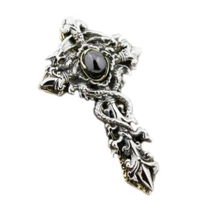 925 Sterling Silver Dragon Twine Black CZ Brass Cross Sword Punk Pendant 8X004D - Picture 1 of 5