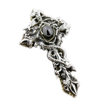 Colgante Punk Espada Cruz Latón Circonita cúbica Negra Cordel Dragón Plata Esterlina 925 8X004D Foto 1 de 4