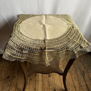 Vintage Ecru Linen Crochet & Handwork Round Table Topper - Picture 1 of 9