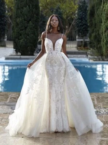 Detachable Tulle Wedding Dresses Sweep Train with Lace Applique Custom Made - Picture 1 of 13