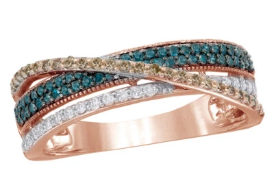 Anillo cruzado de diamantes naturales azules, champán y blancos de 1/2 quilate de oro rosa de 10 quilates Foto 1 de 4