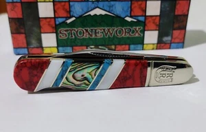 RED TURQUOISE ABALONE M.O.P. LOCKBACK BARLOW HUNTING POCKET KNIFE STONEWORX !!! - Picture 1 of 6