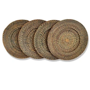 PIASTRE CARICATORE RATTAN vintage 13" set 4 vimini tessuto naturale spiaggia boho - Foto 1 di 9