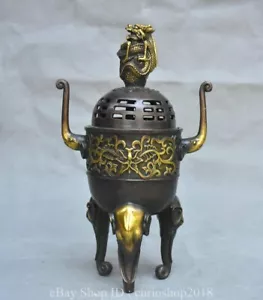 10.8 " Ancient China Bronze Gilt Dynasty Elephant Ear Hollow Out Incense burner - Picture 1 of 14