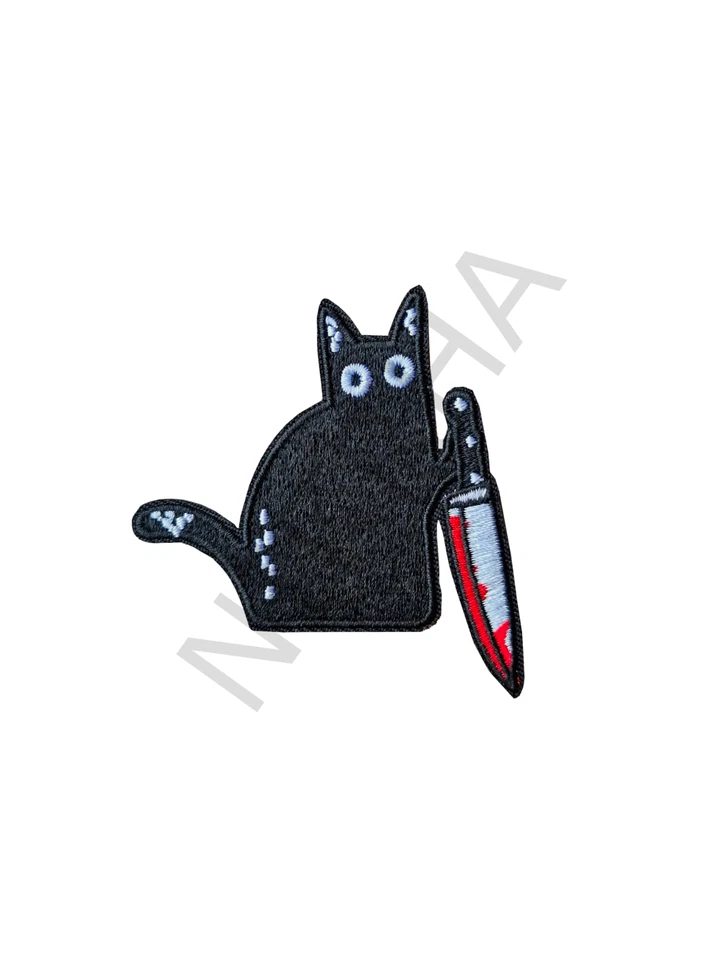 Verrückte Schwarze Katze mit Messer Aufnäher Patch Aufbügler Geschenk halloween - Bild 1 von 1