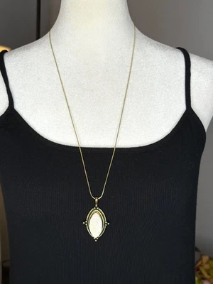 Gold Tone Long Pendant Necklace – Oval Iridescent Druzy Style Stone – Boho Glam - Image 1 of 4