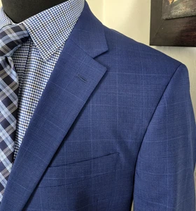 Tommy Hilfiger Cobalt Blue Plaid Blazer 44R Mens 2 Button Sport Coat Jacket - Picture 1 of 20