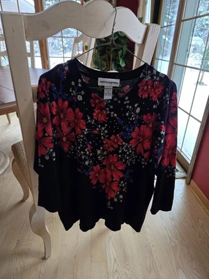 Женский пуловер Cathy Daniels XL, черные красные цветочные стразы акценты - Изображение 1 из 3