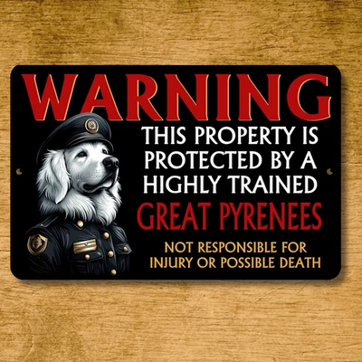 Gran Señal de Seguridad Pirineos Advertencia Propiedad Guardián Perro Exterior Divertido Metal Lata Foto 1 de 4