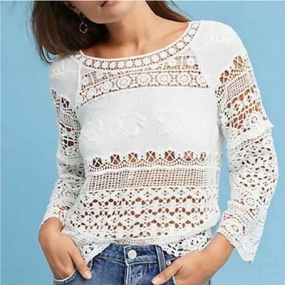 Top/Blusa Boho Deletta Anthropologie blanca de encaje manga larga para mujer S Foto 1 de 4