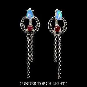 925 Sterling Silver Earrings Oval Fire Opal 6x4mm Spinel Ruby Gemstone Jewelry - Picture 1 of 14