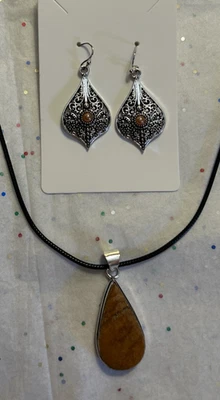 Pingente de pedra preciosa prata 925 com jaspe com brincos da moda - Imagem 1 de 4