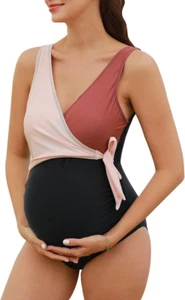 Costume Da Bagno Premaman Donna Intero Maternità Da Spiaggia Scollo a V Rosa/Ner - Foto 1 di 12