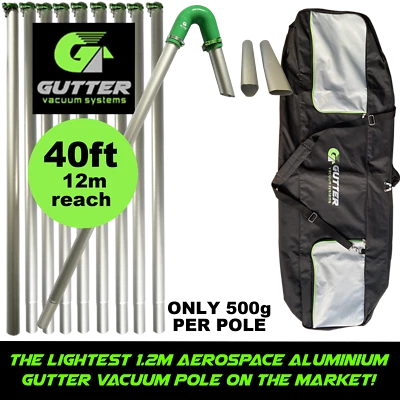 GUTTER VACUUM SYSTEMS 40ft 12m Gutter Vacuum Pole Kit Aerospace Aluminium Gutter Clearing Tools & Bag