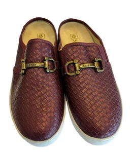 Spenco Damen Burgunderrot Leder Pantoletten Größe 7 D Slipper Webmuster Pferd Gebiss Halbschuh - Bild 1 von 9