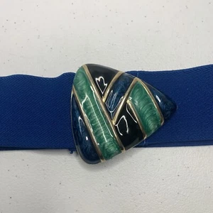 DAY LOR Blue Stretch Elastic Belt Goldtone Enameled Triangle Buckle Sz S/M - Picture 1 of 12