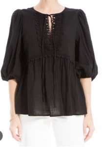 Max Studio Black Gauzy Lace Boho Tie-Neck Peasant Babydoll Top SMALL NWT $98 - Picture 1 of 5