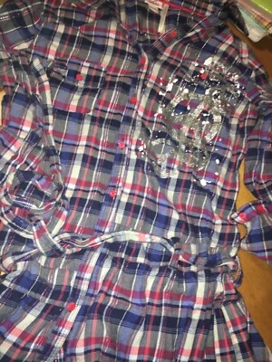 Justice Plaid Tunic Shirt Sz 20 Silver Peace Red Blue Guc - Image 1 of 4