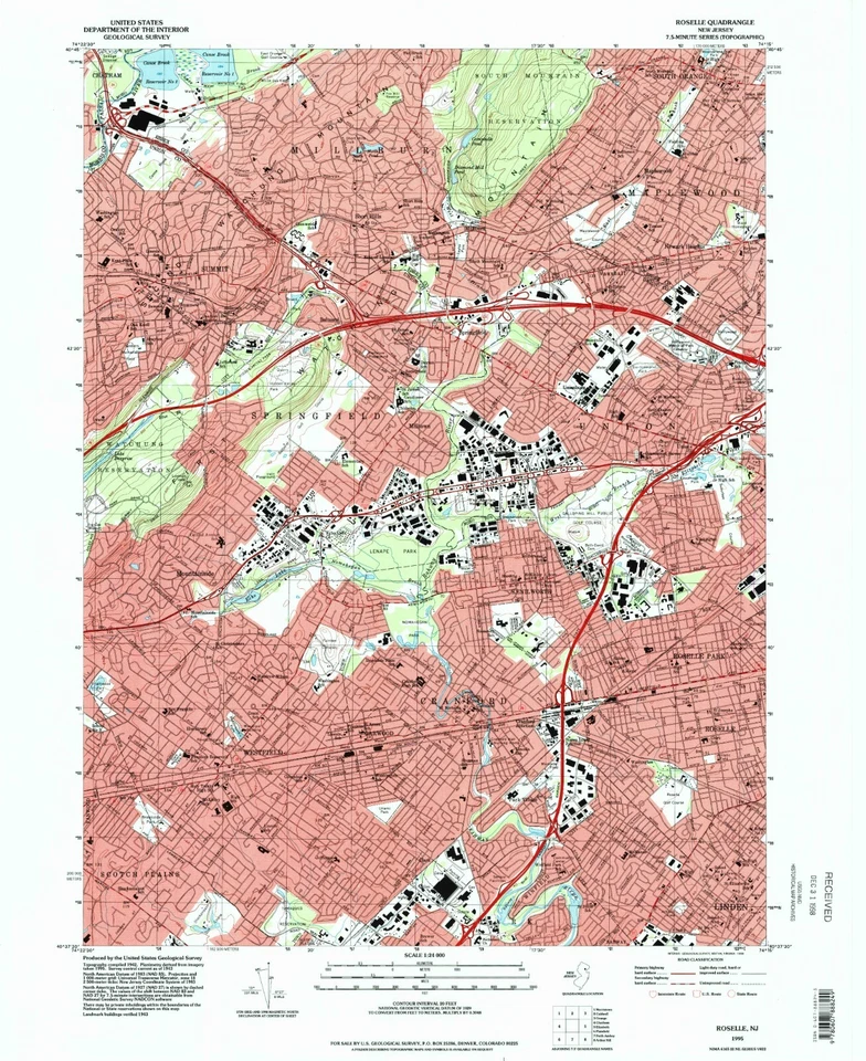 Roselle NJ Topographic Map 1995 USGS – Premium Matte Print – Historic NJ - Image 1 of 1