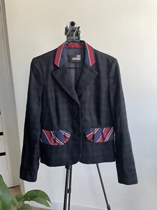 LOVE MOSCHINO Navy Gray Wool Plaid Preppy Tie Blazer Jacket Size 44/US 8 - Picture 1 of 16