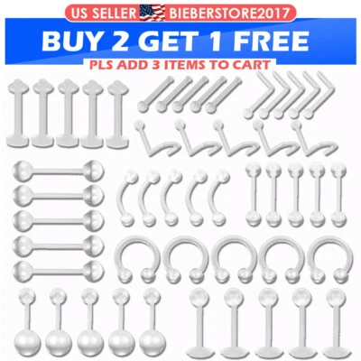 50-60PCS Clear Mix Piercing Retainers 316L Steel Nose Lip Tongue Ring Helix Stud - Image 1 of 4