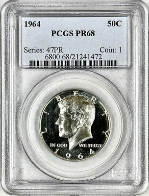 1964 PROOF KENNEDY HALF DOLLAR PCGS PR68 - LOOKS CAMEO, GREAT EYE APPEAL!! - Image 1 of 2