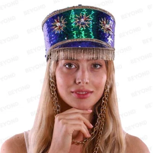Steampunk Burning Man Captain Tall Cap Lux Gold Beads Tassel - Green Purple USA - Picture 1 of 3