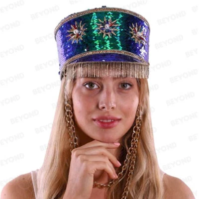 Steampunk Burning Man Captain Gorra Alta Lux Cuentas Doradas Borla - Verde Púrpura EE. UU. Foto 1 de 3