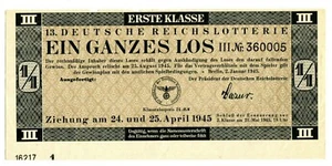 Germany 13.Deutsche Reichslotterie Full Ein Ganzes Los Erste Klasse 1945 - Picture 1 of 2