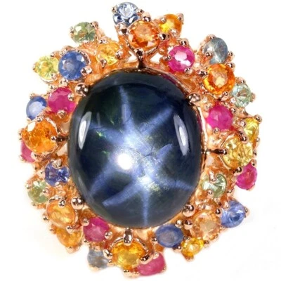 16.10CT REAL 6RAYS STAR BLUE & MULTI COLOR SAPPHIRE STELRING 925SILVER RING 6.25 - Image 1 of 4