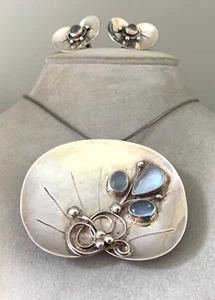 Vtg Lillian Pines Sterling Moonstone Brooch/Pendant & Earrings Set - Mary Gage - Picture 1 of 11