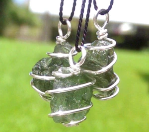 MOLDAVITE NECKLACE Wire Wrap In 925 Synergy 12 Raw Rough Crystal Tektite Pendant - Picture 1 of 10