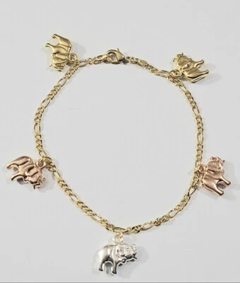 Elephant Ankle Bracelet 9.5 inch Gold Filled 3 Tone Rose Silver Gold Color   76 - Image 1 of 2