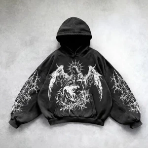 Harajuku Y2K Vintage Punk Solid Color Printed Men Casual Hoodie American Gothic - Picture 1 of 2