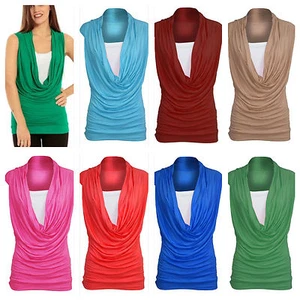 WOMENS LADIES RUCHED 2 IN 1 COWL NECK SLEEVELESS VEST T SHIRT TOP PLUS SIZE 8-22 - Picture 1 of 14