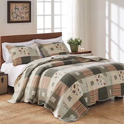 Quilt Set Queen Brown Earth Tone Fall Colors Patchwork Reversible Cotton Bedding - Image 1 of 4
