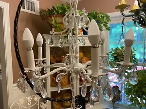 SALE VTG 6 ARM HANGING WHITE Spanish Brass Chandelier French Crystal Prisms - Picture 1 of 9