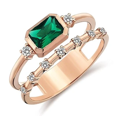 14k Solid Gold Lab-Created Emerald and Diamond Ring Stacking Ring for Women Her - Image 1 of 2