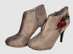 WOMENS IMPO ANKLE BOOTS -TAN SUEDE / RED EMBROIDERED FLOWER - HEEL / PLATFORM - Picture 1 of 8