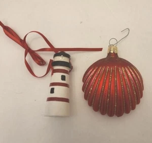 Vintage rote Jakobsmuschel und Leuchtturm Weihnachtsschmuck - Bild 1 von 3