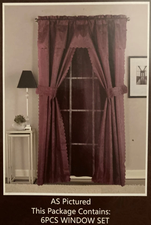 Burgundy 6 pc Rod Pocket Curtain Set w/attached valance & lace back 55”Wx63”L - Image 1 of 1