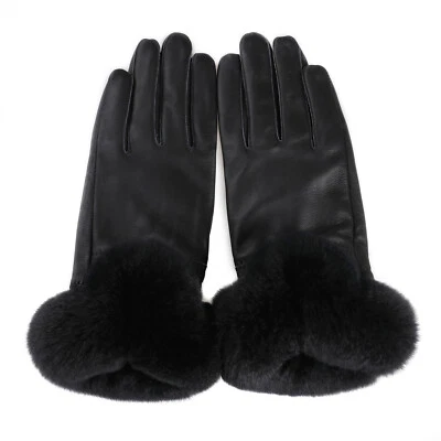 Guantes cálidos de invierno para mujer de cuero genuino Rex piel de conejo puño forrado de terciopelo Foto 1 de 4