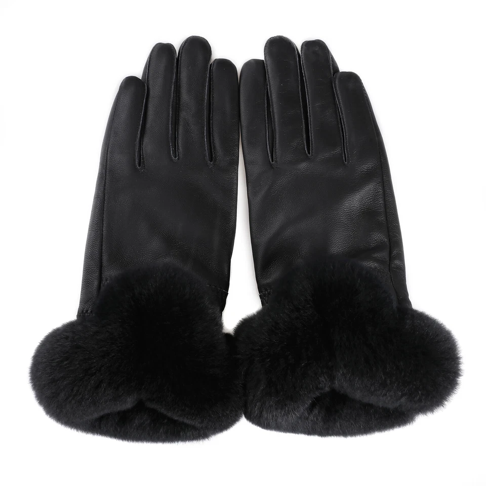 Women's Winter Warm Genuine Leather Gloves Rex Rabbit Fur Trim Cuff Velvet Lined - Image 1 of 4