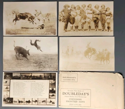 1925 Doubleday Cheyenne Wyoming Frontier Days cartão postal RPPC CONJUNTO rodeio cowgirls - Imagem 1 de 4
