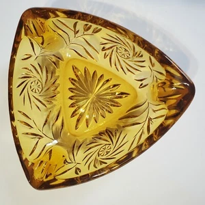 Vintage Amber Ashtray Glass Heavy Cigarette Cigar floral sunburst triangle A4 - Picture 1 of 6