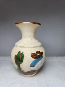 TONALA Mexican Folk Art Sandstone Pottery Miniature Vase Siesta Cactus Aloe 4" - Picture 1 of 9